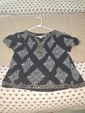 Black Embroidered Boho Short Sleeve Top